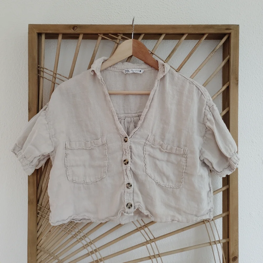 Zara Linen Button Front Cropped Shirt / Size Small - Picture 4 of 10
